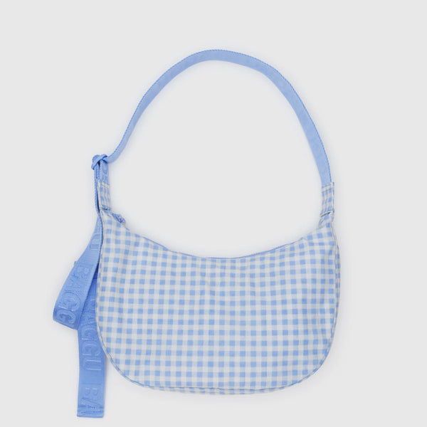 Medium Nylon Crescent Bag: Light Blue Gingham